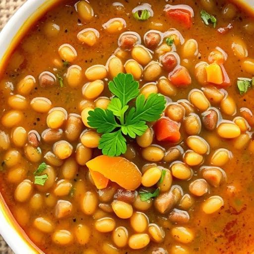 A bowl of hearty lentil soup, garnished with fresh parsley and a swirl of olive oil.