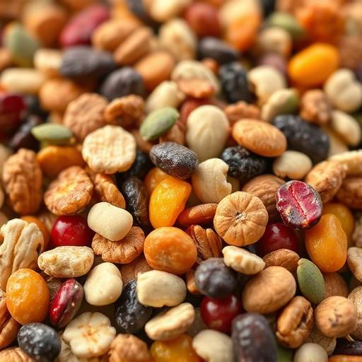 A bowl of homemade trail mix with nuts, seeds, and dried fruit