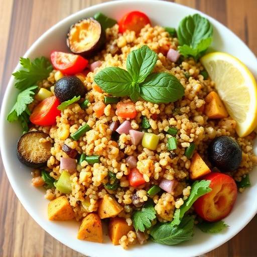 A colorful quinoa salad with roasted vegetables