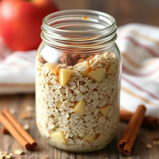 A jar of overnight oats with sliced apples and cinnamon