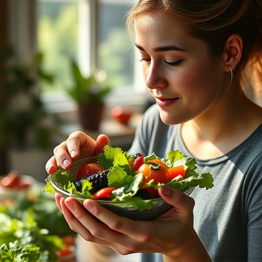 A person mindfully eating a salad with various vegetables