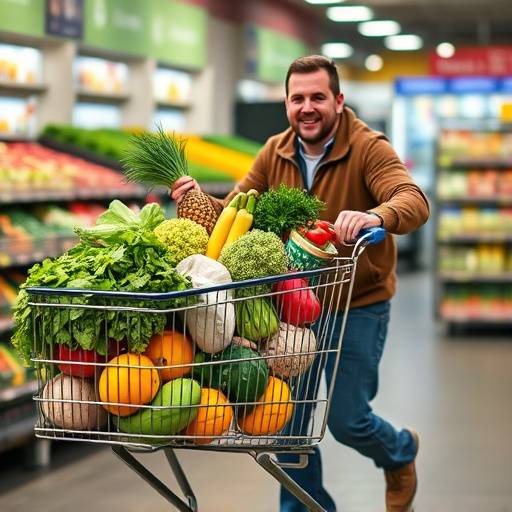 A person pushing a grocery cart filled with fresh fruits and vegetables