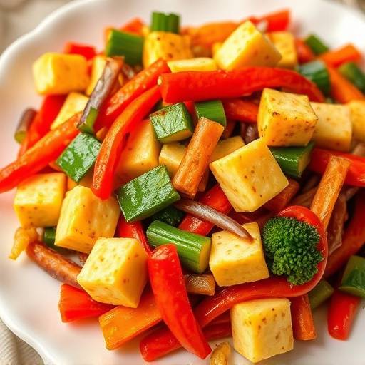 A plate of colorful vegetable stir-fry with tofu, showcasing broccoli, peppers, and carrots.