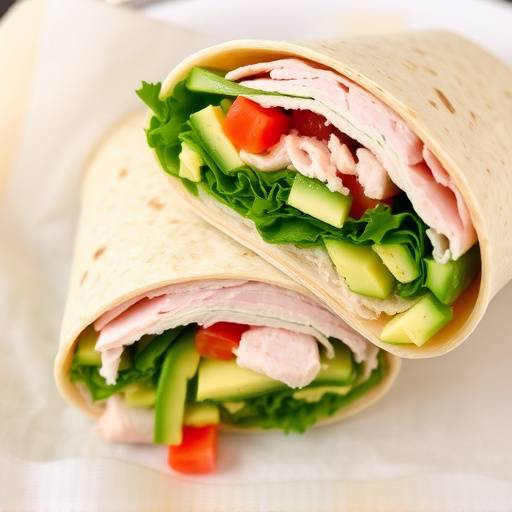 A turkey and avocado wrap cut in half