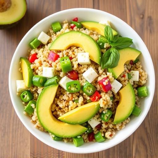 A vibrant image of a quinoa salad with avocado, cherry tomatoes, and a lemon vinaigrette.
