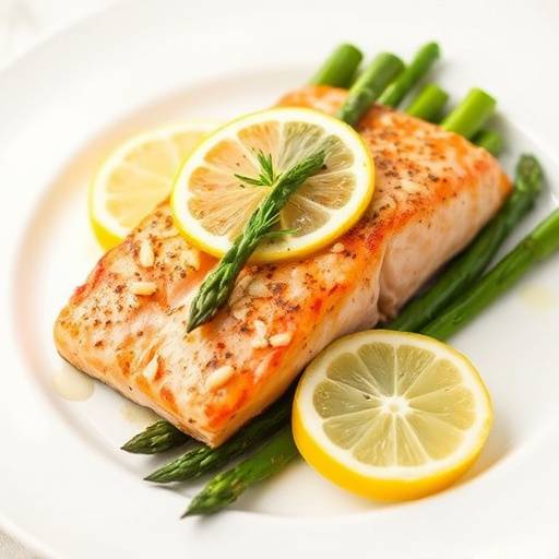 Baked salmon with asparagus and lemon slices on a plate