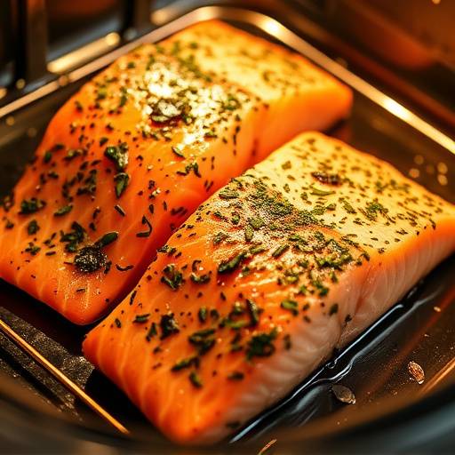 Close-up shot of salmon fillets seasoned with herbs and spices, baking in an oven.