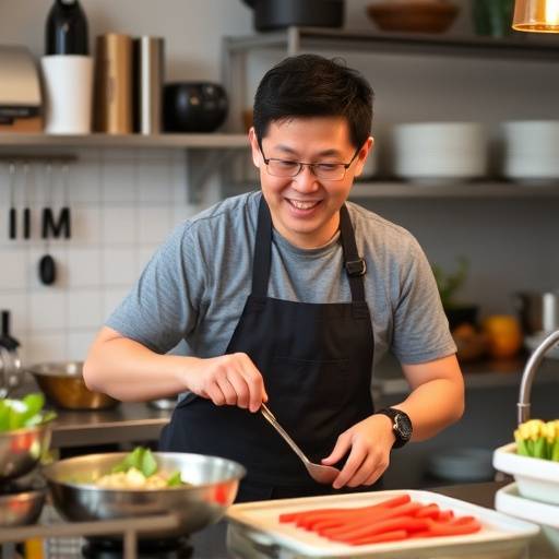David Chen, Recipe Developer at FuelWise, preparing food.